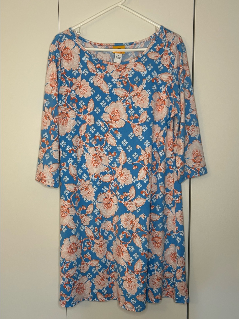 Ruby Rd Blue Print Floral Knee-Length Shift dress 3/4 Sleeve Womens L